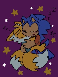 Size: 768x1024 | Tagged: dead source, safe, artist:tailsmybuddy67, miles "tails" prower, sonic the hedgehog, 2023, barefoot, blushing, classic sonic, classic tails, clothes, cute, duo, eyes closed, gay, hugging, purple background, shipping, signature, simple background, sleeping, sonabetes, sonic x tails, sparkles, star (symbol), tailabetes, zzz