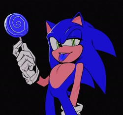 Size: 2048x1921 | Tagged: safe, artist:hyeon_sonic, sonic the hedgehog, 2023, black background, blue tongue, holding something, lollipop, looking at viewer, mouth open, simple background, solo, standing, tongue out