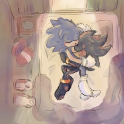 Size: 2048x2048 | Tagged: safe, artist:chocooskeleton, shadow the hedgehog, sonic the hedgehog, 2023, abstract background, barefoot, bed, bedroom, blushing, cute, duo, eyes closed, floppy ears, gay, indoors, pawpads, shadow x sonic, shadowbetes, shipping, shoes, shoes off, snuggling, sonabetes