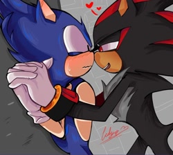 Size: 1080x969 | Tagged: safe, artist:lidyaart2, shadow the hedgehog, sonic the hedgehog, 2023, abstract background, against wall, duo, eye twitch, gay, heart, lidded eyes, looking at each other, pinning them, shadow x sonic, shipping, signature, standing, sweatdrop