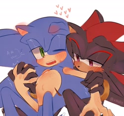 Size: 2048x1905 | Tagged: suggestive, artist:xmollq, shadow the hedgehog, sonic the hedgehog, 2023, biting, blushing, blushing ears, dialogue, duo, floppy ear, gay, heart, holding hands, lidded eyes, looking at them, one eye closed, saliva, shadow x sonic, shipping, simple background, sitting, softcore, sweatdrop, top surgery scars, trans male, transgender, white background