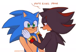 Size: 2048x1408 | Tagged: safe, artist:wwstpfm, shadow the hedgehog, sonic the hedgehog, 2023, blushing, cute, dialogue, duo, english text, exclamation mark, gay, hands on another's face, lidded eyes, looking at each other, mouth open, shadow x sonic, shadowbetes, shipping, simple background, smile, sonabetes, standing, white background