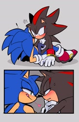 Size: 1330x2048 | Tagged: safe, artist:anhsketch, shadow the hedgehog, sonic the hedgehog, 2023, bedroom eyes, blushing, clenched teeth, duo, exclamation mark, frown, gay, grey background, heart, licking lips, lidded eyes, looking at each other, lying down, question mark, shadow x sonic, shipping, simple background, sitting on them, smile, sweatdrop, tongue out