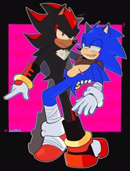 Size: 1450x1905 | Tagged: safe, artist:snappyobbg, shadow the hedgehog, sonic the hedgehog, 2023, abstract background, bad romance, blushing, duo, english text, gay, heart, holding them, lidded eyes, outline, shadow x sonic, shipping, smile, sonic boom (tv), standing, top surgery scars, trans male, transgender