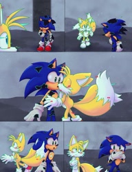 Size: 1080x1406 | Tagged: safe, artist:cjjp8, artist:jeffydust, miles "tails" prower, sonic the hedgehog, sonic frontiers, 2023, abstract background, attempted kiss, blushing, duo, embarrassed, floppy ears, gay, glitch, shipping, sonic x tails, standing