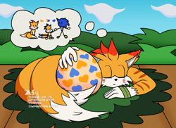 Size: 2048x1489 | Tagged: safe, artist:moontigerange1, mangey, miles "tails" prower, 2024, abstract background, aged up, clouds, dreaming, egg, gay, older, outdoors, shipping, sleeping, solo, songey, sonic x tails, thought bubble, watermark