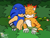 Size: 2048x1575 | Tagged: safe, artist:moontigerange1, mangey, miles "tails" prower, sonic the hedgehog, sonic prime, 2023, aged up, bush, duo, eyes closed, gay, juice, older, shipping, smile, songey, sonic x tails, strawberry