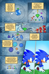 Size: 3000x4578 | Tagged: safe, artist:drawloverlala, perfect chaos, sonic the hedgehog, echidna, hedgehog, comic:sonic world travel, green hill zone, au:sonic world travel, blue power pattern, chaos emerald, god, master emerald