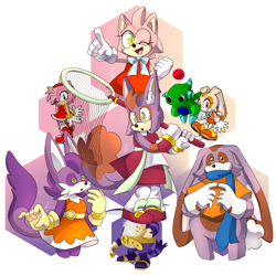 Size: 1750x1750 | Tagged: safe, artist:that-rae-of-sunshine, amy rose, big the cat, cream the rabbit, oc, oc:heavy the bunny, oc:olympia the cat, oc:pea via the cat, oc:peach fuzz the hedgehog, oc:toadstool, cat, chao, hedgehog, rabbit, fusion:amy, fusion:big, fusion:cream, hexafusion, team rose