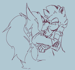 Size: 1572x1467 | Tagged: safe, artist:lynxbabey, tangle the lemur, whisper the wolf, cute, duo, eyes closed, grey background, hugging, kiss, lesbian, line art, shipping, simple background, sketch, smile, tangabetes, tangle x whisper, whispabetes