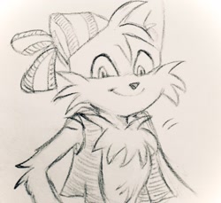 Size: 2048x1878 | Tagged: safe, artist:walkum, miles "tails" prower, sails, sonic prime, chest fluff, cute, fluffy, line art, looking at viewer, pencilwork, smile, solo, traditional media