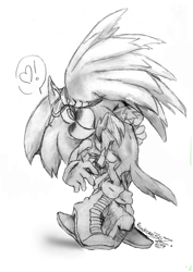 Size: 1000x1414 | Tagged: safe, artist:raikornbiez, jet the hawk, sonic the hedgehog, 2017, blushing, duo, exclamation mark, gay, greyscale, heart, holding them, jet x sonic, kiss, shipping, signature, simple background, white background