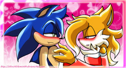 Size: 1024x558 | Tagged: safe, artist:silveralchemist09, miles "tails" prower, sonic the hedgehog, 2011, abstract background, aged up, blushing, duo, gay, lidded eyes, long hair, older, shipping, sonic x tails