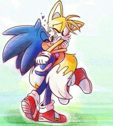 Size: 644x720 | Tagged: safe, artist:devotedsidekick, miles "tails" prower, sonic the hedgehog, blushing, carrying them, cute, duo, eyes closed, gay, heart, holding each other, one eye closed, shipping, smile, sonabetes, sonic x tails, standing, tailabetes, traditional media