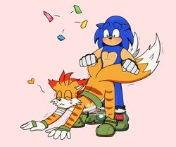 Size: 2048x1707 | Tagged: safe, artist:moontigerange1, mangey, sonic the hedgehog, 2024, :3, aged up, all fours, blushing, duo, eyes closed, floppy ears, gay, heart, looking at them, older, one fang, paradox prism, pink background, shipping, simple background, smile, songey, sonic x tails, standing