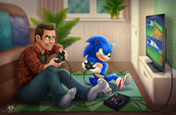 Size: 1100x723 | Tagged: safe, artist:dolphiana, sonic the hedgehog, tom wachowski, playing videogame