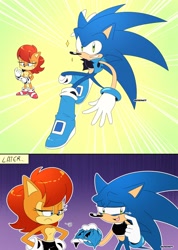 Size: 1804x2532 | Tagged: safe, artist:artsriszi, sally acorn, sonic the hedgehog, comic, embarrassed, english text, outfit swap, posing, sally x sonic, sally's ringblader outfit, shipping, signature, straight, wardrobe malfunction