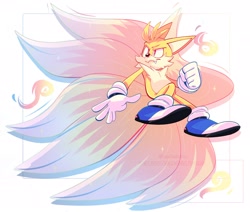 Size: 2048x1737 | Tagged: safe, artist:foxieskullzartz, miles "tails" prower, super tails, 2022, alternate super form, blue shoes, kitsune, looking offscreen, one fang, solo, super form