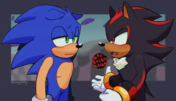 Size: 1882x1075 | Tagged: safe, artist:saikkie, shadow the hedgehog, sonic the hedgehog, sonic prime, abstract background, dialogue, duo, floppy ears, frown, gay, shadow x sonic, shipping, signature, sonic prime s3, top surgery scars, trans male, transgender