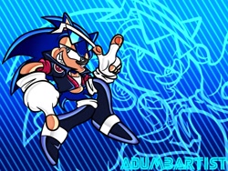 Size: 2048x1536 | Tagged: safe, artist:adumbartist, sonic the hedgehog, abstract background, anti-sonic, boots, clenched teeth, echo background, fingerless gloves, jacket, lidded eyes, pawpads, pointing, sharp teeth, smile, solo, sunglasses, uekawa style