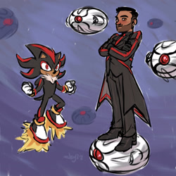 Size: 2048x2048 | Tagged: safe, artist:makohjey, agent stone, shadow the hedgehog, human, sonic the hedgehog 3 (film), abstract background, arms folded, flying, group, robot, standing on something