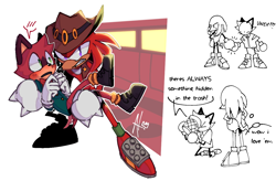 Size: 1216x800 | Tagged: safe, artist:alan-without-the-an, barry the quokka, knuckles the echidna, abstract background, barry x knuckles, blushing, carrying them, dialogue, duo, english text, hat, holding hands, knuckles' hat, shipping, signature, speech bubble, thinking, thought bubble, trash can