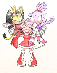 Size: 1280x1639 | Tagged: safe, artist:dailyamyrose, amy rose, blaze the cat, honey the cat, amy x blaze, amy x blaze x honey, blushing, carrying them, eyes closed, floppy ears, heart tongue, honamy, honaze, lesbian, mouth open, polyamory, shipping, shrunken pupils, signature, simple background, smile, standing, tongue out, trio, white background, wink