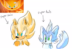 Size: 1906x1314 | Tagged: safe, artist:pastelspindash, miles "tails" prower, sonic the hedgehog, super tails, sonic frontiers, alternate super form, bust, english text, reference inset, simple background, starfall super sonic, super form, white background