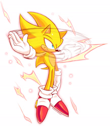 Size: 2048x2355 | Tagged: safe, artist:siggiedraws, sonic the hedgehog, sonic frontiers, flying, frown, looking offscreen, signature, simple background, slapping, solo, starfall super sonic, super form, white background