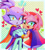 Size: 540x600 | Tagged: safe, artist:rubbe-rrrrr, amy rose, blaze the cat, cat, hedgehog, 2021, abstract background, amy x blaze, amy's halterneck dress, bisexual pride, blaze's tailcoat, cute, duo, female, females only, hearts, holding hands, lesbian, lesbian pride, looking at viewer, mouth open, open smile, pride, shipping, smile, smiling at viewer