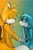 Size: 1341x2048 | Tagged: safe, artist:lizislife2, artist:n3ssgl8tch, kit the fennec, miles "tails" prower, 2023, abstract background, alternate version, duo, eyes closed, gay, holding hands, kit x tails, looking at them, shipping, smile, smiling at them, standing