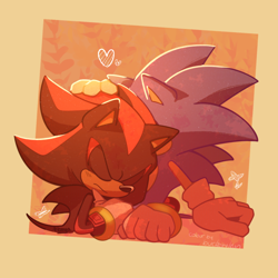 Size: 810x810 | Tagged: safe, artist:buckettkun, artist:staraptor, shadow the hedgehog, sonic the hedgehog, 2021, abstract background, colored version, duo, eyes closed, frown, gay, hand on another's head, heart, shadow x sonic, shipping, signature, sitting