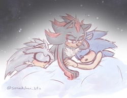 Size: 1027x791 | Tagged: safe, artist:sonadilver_bfs, shadow the hedgehog, silver the hedgehog, sonic the hedgehog, 2022, bed, gay, polyamory, shadow x silver, shadow x sonic, shipping, sleeping, sonadilver, sonilver, trio