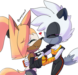 Size: 1100x1055 | Tagged: safe, artist:amipiyoart, artist:melliepiyo, tangle the lemur, whisper the wolf, 2022, cute, duo, eyes closed, heart, holding each other, holding hands, lesbian, noses are touching, nuzzle, shipping, signature, simple background, smile, standing, tangabetes, tangle x whisper, white background