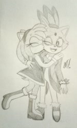 Size: 1152x1920 | Tagged: safe, artist:maskedcassius, amy rose, blaze the cat, cat, hedgehog, 2018, amy x blaze, amy's halterneck dress, blaze's tailcoat, cute, eyes closed, female, females only, hand on back, kiss on cheek, lesbian, mouth open, one eye closed, shipping, sketch, traditional media