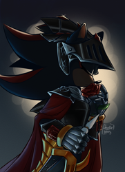 Size: 1000x1380 | Tagged: safe, artist:ghostie-juice, shadow the hedgehog, sonic and the black knight, abstract background, eyes closed, holding something, rose, signature, sir lancelot, solo, standing