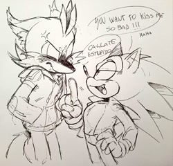 Size: 1024x984 | Tagged: safe, artist:lebluenooki, miles "tails" prower, nine, sonic the hedgehog, sonic prime, 2023, aged up, alternate universe, blushing, clothes, cross popping vein, dialogue, duo, english text, floppy ears, flustered, hands in pocket, hoodie, lidded eyes, line art, looking at each other, nine x sonic, older, pants, pencilwork, pointing, shipping, sonic x tails, spanish text, speech bubble, traditional media