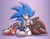 Size: 2048x1583 | Tagged: dead source, safe, artist:sundae2004, shadow the hedgehog, sonic the hedgehog, 2024, duo, frown, gay, gradient background, hand on another's back, kneeling, lidded eyes, lying down, shadow x sonic, shipping, signature, sitting on them, smile