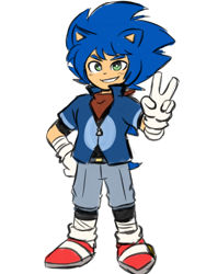 Size: 1536x2048 | Tagged: safe, artist:paper-scrap, sonic the hedgehog, human, humanized, looking at viewer, partially humanized, simple background, smile, solo, standing, transparent background, v sign