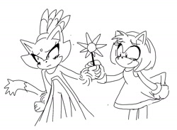 Size: 1740x1276 | Tagged: safe, artist:emirrart, amy rose, blaze the cat, cat, hedgehog, 2020, amy x blaze, amy's halterneck dress, blaze's tailcoat, blushing, cute, female, females only, flower, lesbian, line art, shipping, sketch