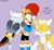 Size: 4700x4350 | Tagged: safe, artist:fartist2020, miles "tails" prower, sally acorn, tangle the lemur, arms behind back, dialogue, eyes closed, female, grin, head pat, head rubbing, height difference, laughing, lidded eyes, male, open smile, simple background, smile, tongue out, trio