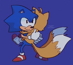 Size: 1698x1517 | Tagged: dead source, safe, artist:mary-venom, miles "tails" prower, sonic the hedgehog, adventures of sonic the hedgehog, duo, hugging, purple background, redraw, signature, simple background, smile, standing