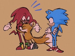 Size: 1255x937 | Tagged: dead source, safe, artist:mary-venom, knuckles the echidna, miles "tails" prower, sonic the hedgehog, arms folded, beige background, hugging, standing, surprise hug, surprised, team sonic, trio