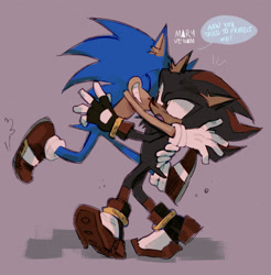 Size: 2000x2030 | Tagged: dead source, safe, artist:mary-venom, shadow the hedgehog, sonic the hedgehog, dialogue, duo, english text, gay, holding them, hugging, shadow x sonic, shipping, signature, simple background, sonic prime s3, standing