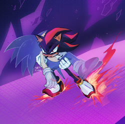 Size: 1500x1486 | Tagged: dead source, safe, artist:mary-venom, shadow the hedgehog, sonic the hedgehog, abstract background, carrying them, duo, frown, gay, shadow x sonic, shipping, signature, skating, sonic prime s3