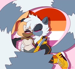 Size: 2048x1911 | Tagged: safe, artist:kitoriushkahn, tangle the lemur, whisper the wolf, 2023, blushing, duo, eyes closed, holding them, kiss, lesbian, lesbian pride, pride, pride flag, pride flag background, shipping, standing, tangle x whisper