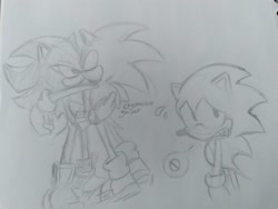 Size: 2048x1536 | Tagged: safe, artist:crystlngazr, shadow the hedgehog, sonic the hedgehog, sonic x shadow generations, 2024, classic sonic, gay, holding each other, kiss, line art, pencilwork, self paradox, shadow x sonic, shipping, traditional media, trio