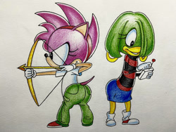 Size: 1032x774 | Tagged: safe, amy rose, tekno the canary, big butt, bow (weapon), fleetway amy, pencilwork, skirt