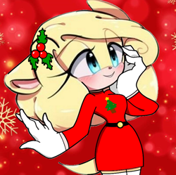 Size: 688x686 | Tagged: safe, oc, oc:elina the blonde hedgehog, hedgehog, blue eyes, christmas, christmas outfit, christmas tree, dress, floppy ears, gloves, mistletoe, red dress, smile, yellow fur