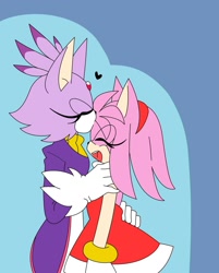 Size: 1280x1596 | Tagged: safe, artist:laconchadetupadre, amy rose, blaze the cat, cat, hedgehog, 2019, alternate version, amy x blaze, amy's halterneck dress, blaze's tailcoat, cute, eyes closed, female, females only, heart, kiss on head, lesbian, mouth open, shipping